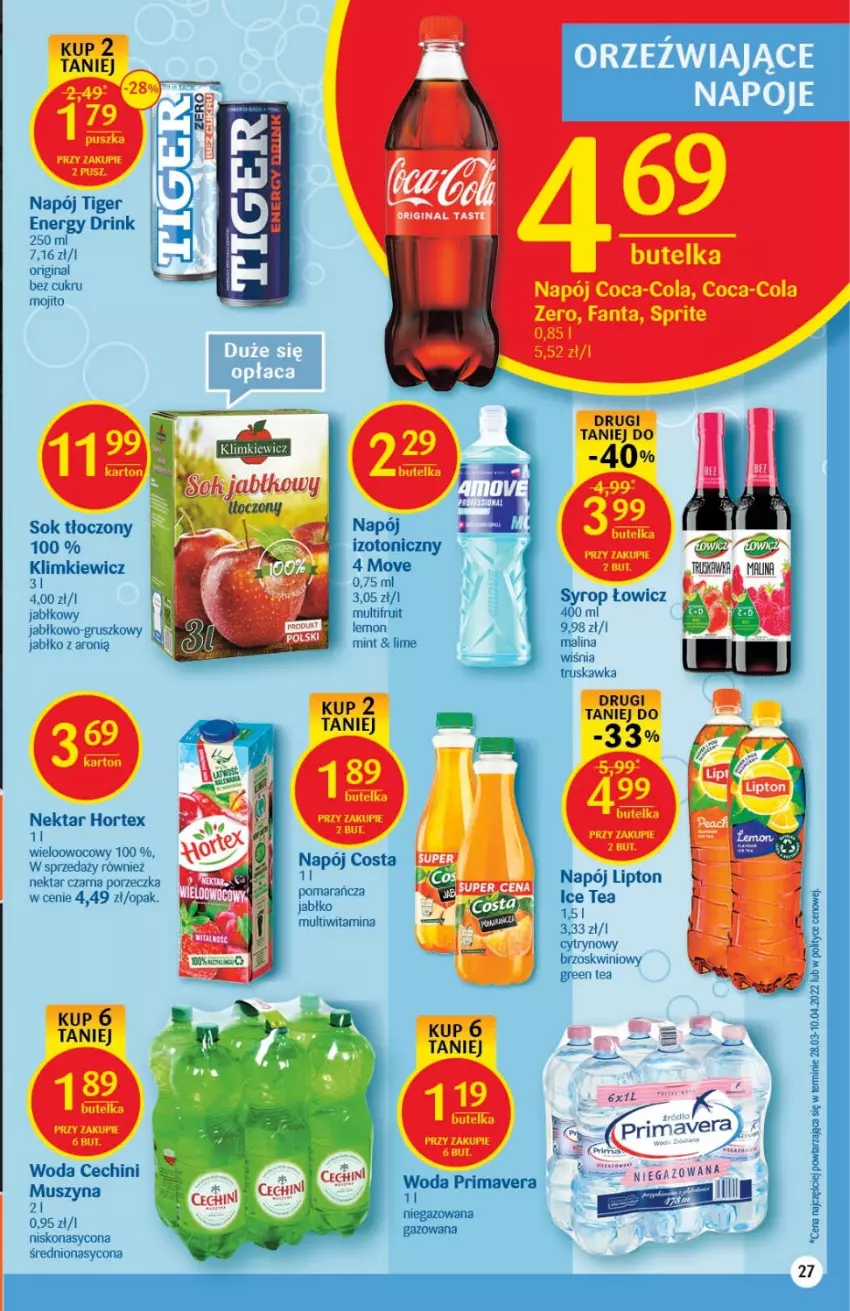 Gazetka promocyjna Delikatesy Centrum - Gazetka DC23 - ważna 15.06 do 22.06.2022 - strona 27 - produkty: Coca-Cola, Fa, Fanta, Gin, Hortex, Ice tea, Lipton, Mus, Napój, Nektar, Por, Prima, Primavera, Sok, Sprite, Syrop, Szyna, Tiger, Woda