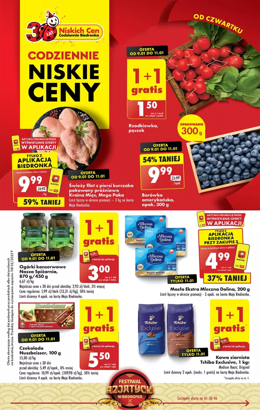 Gazetka promocyjna Biedronka - Od Czwartku - ważna 09.01 do 15.01.2025 - strona 1 - produkty: Czekolada, Gin, Gra, Kawa, Kawa ziarnista, Masło, Noż, Ogórki konserwowe, Ser, Tchibo, Top