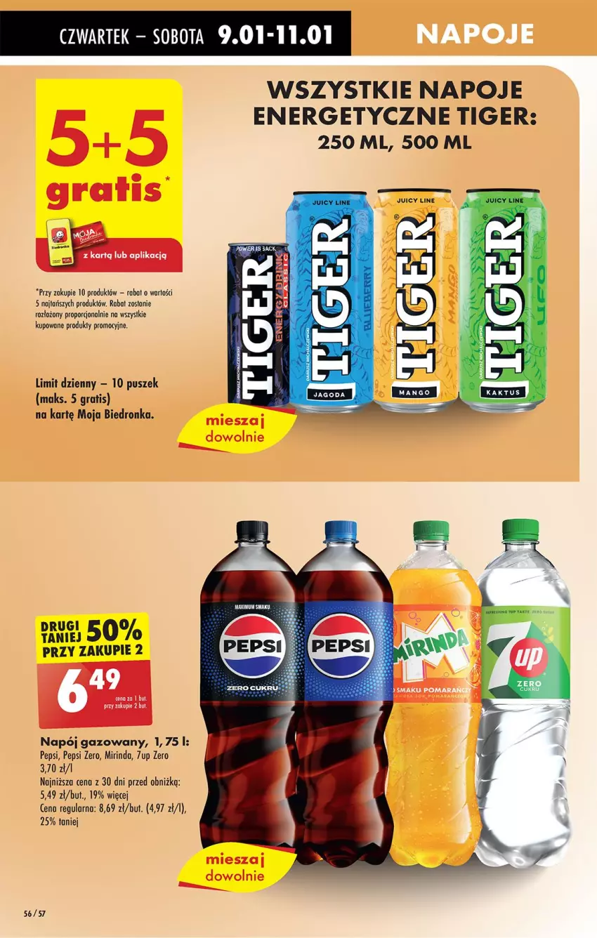 Gazetka promocyjna Biedronka - Od Czwartku - ważna 09.01 do 15.01.2025 - strona 56 - produkty: 7up, Gra, Mango, Mirinda, Napój, Napój gazowany, Napoje, Pepsi, Por, Tiger