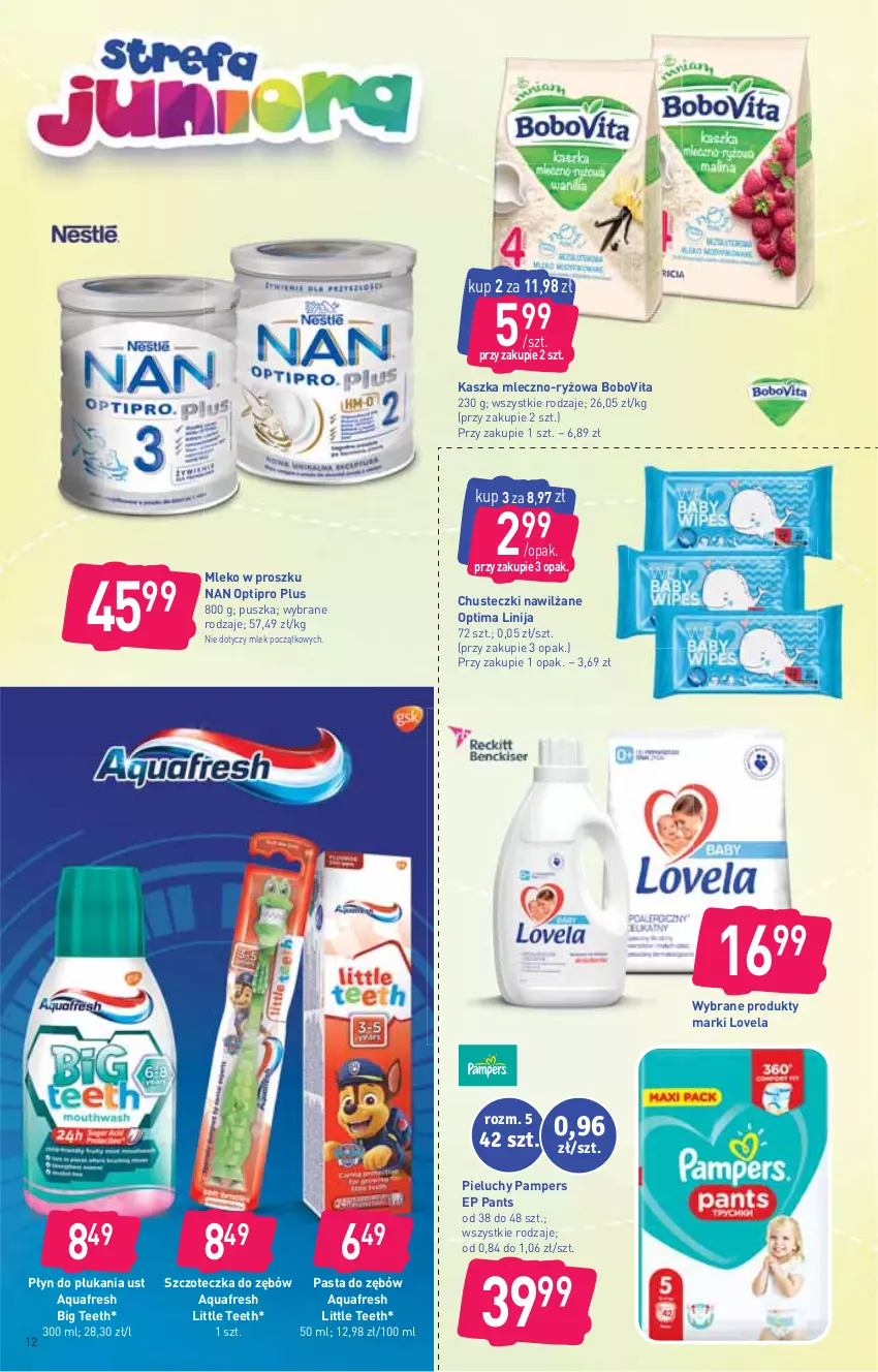 Gazetka promocyjna Stokrotka - Supermarket - ważna 15.07 do 21.07.2021 - strona 12 - produkty: Aquafresh, BoboVita, Chusteczki, Lovela, Mleko, Mleko w proszku, NAN Optipro, Optima, Pampers, Pasta do zębów, Pieluchy, Płyn do płukania, Ryż, Szczoteczka, Szczoteczka do zębów