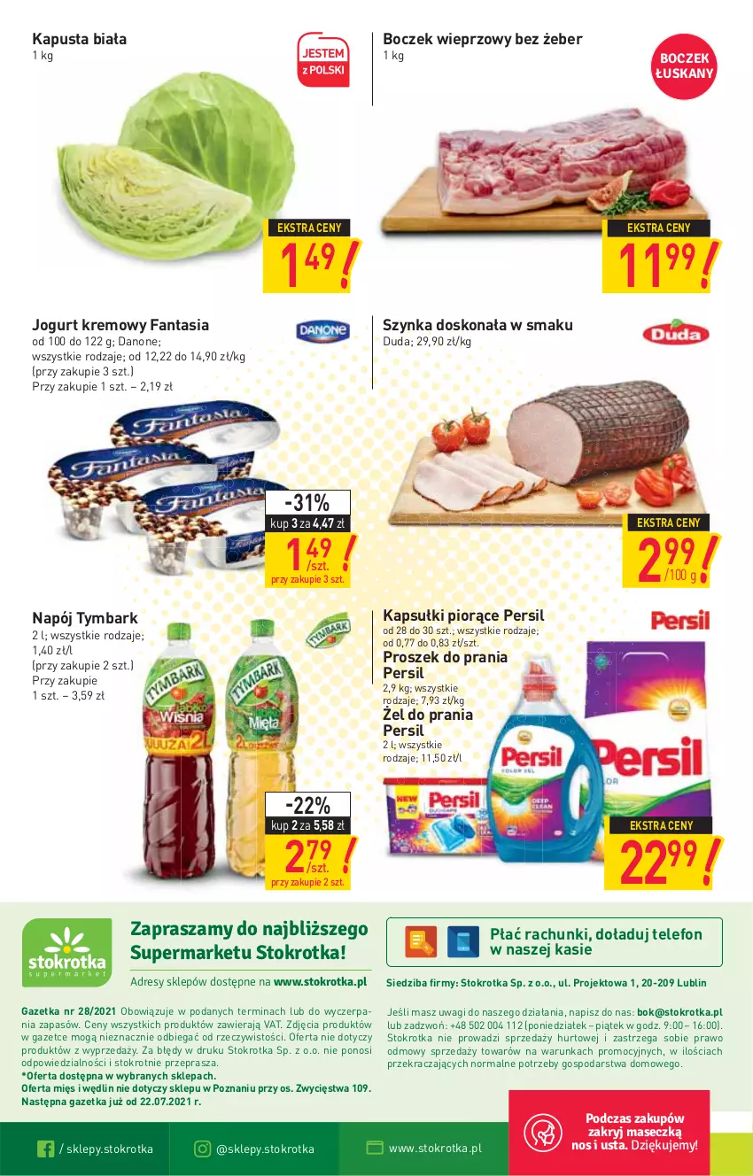 Gazetka promocyjna Stokrotka - Supermarket - ważna 15.07 do 21.07.2021 - strona 16 - produkty: Boczek, Boczek wieprzowy, Danone, Duda, Fa, Fanta, Jogurt, Napój, O nas, Persil, Proszek do prania, Szynka, Telefon, Tymbark, Wagi