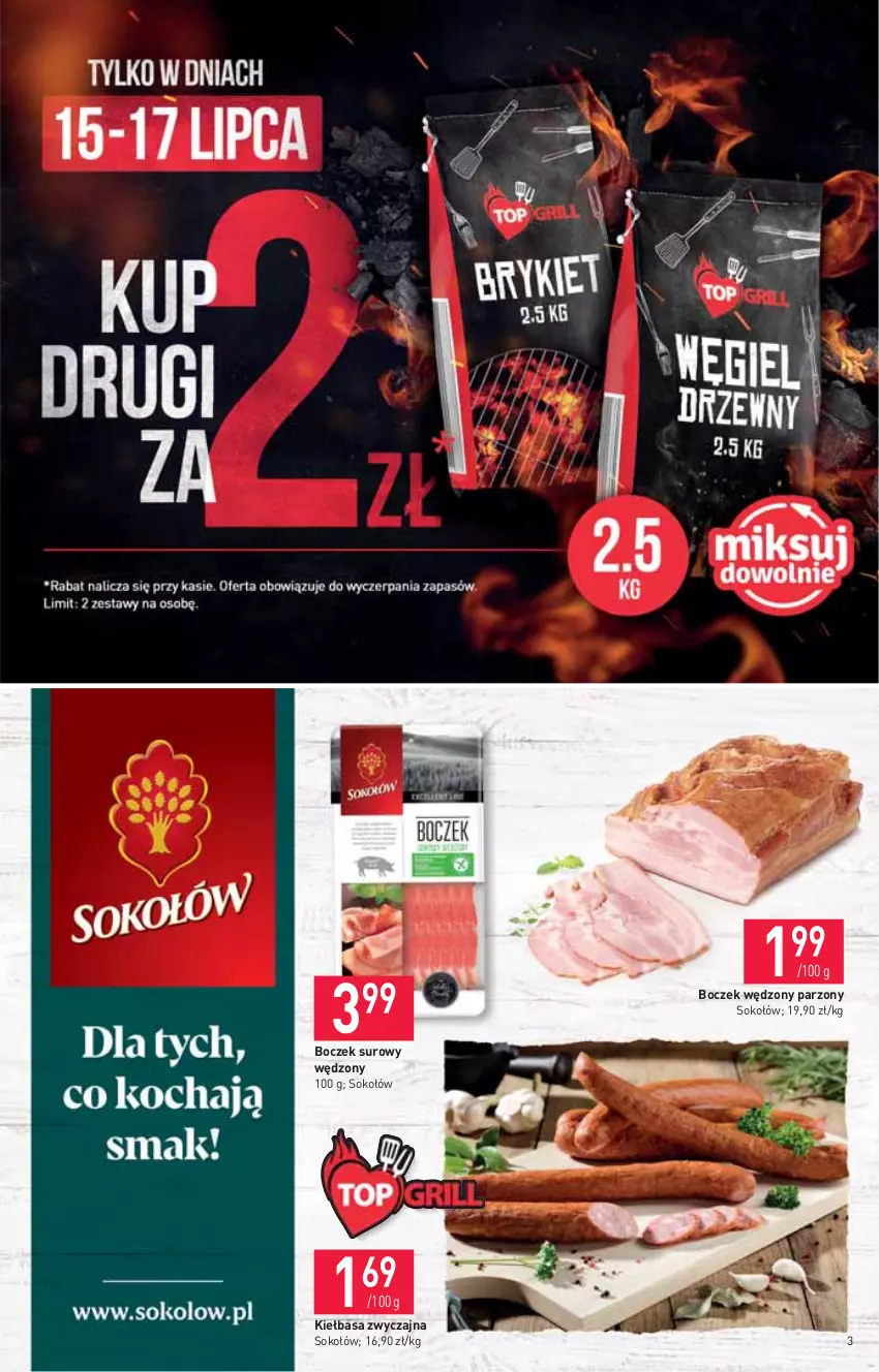 Gazetka promocyjna Stokrotka - Supermarket - ważna 15.07 do 21.07.2021 - strona 3 - produkty: Boczek, Kiełbasa, Sok, Sokołów