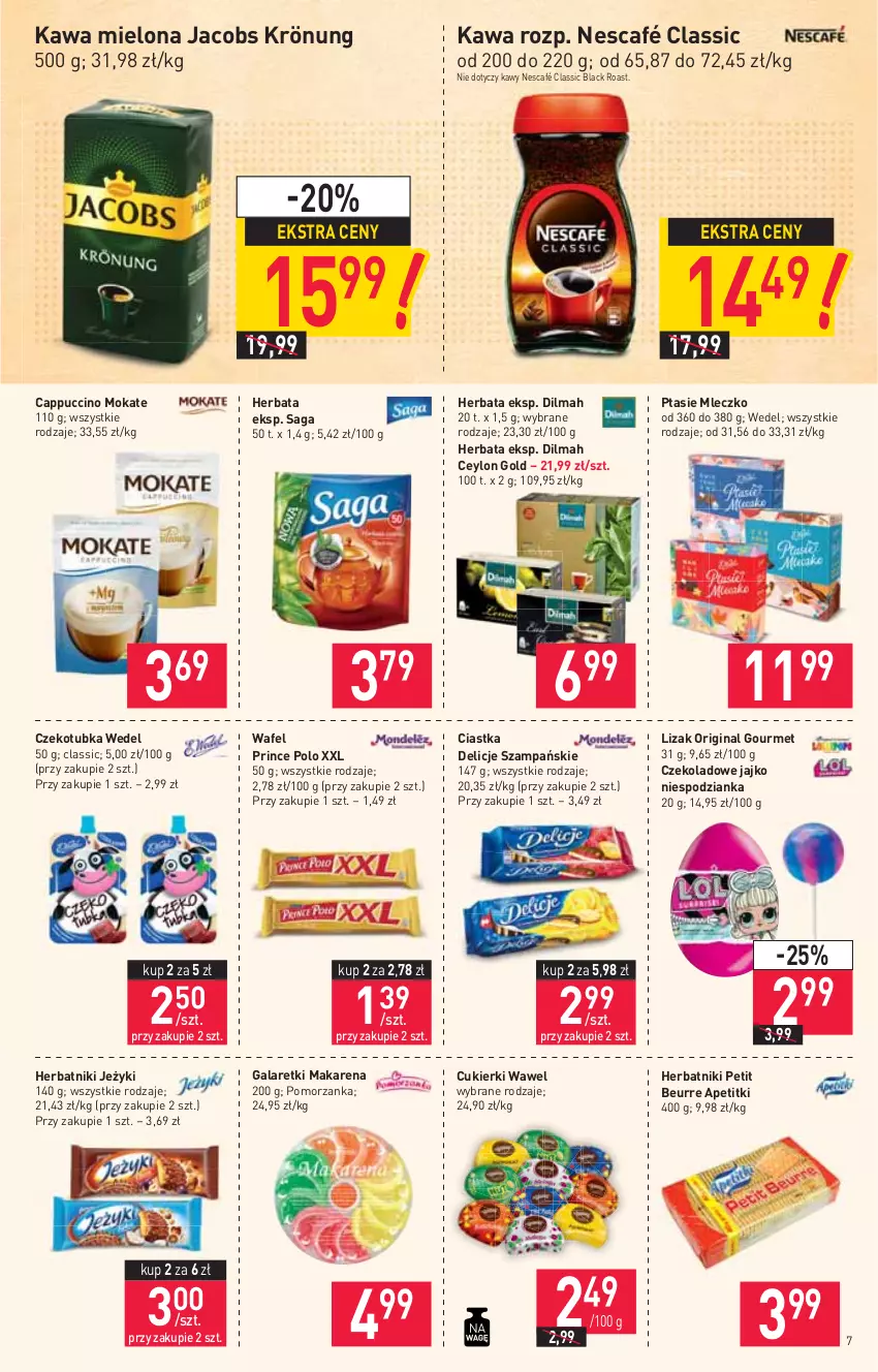 Gazetka promocyjna Stokrotka - Supermarket - ważna 15.07 do 21.07.2021 - strona 7 - produkty: Cappuccino, Ciastka, Cukier, Cukierki, Delicje, Dilmah, Gala, Galaretki, Gin, Herbata, Herbatniki, Herbatniki Petit Beurre, Jacobs, Jacobs Krönung, Jeżyki, Kawa, Kawa mielona, Lack, Mleczko, Nescafé, Prince Polo, Ptasie mleczko, Saga, Wawel