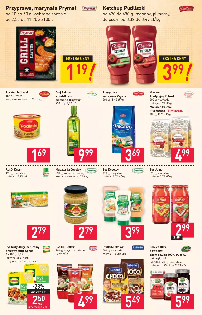 Gazetka promocyjna Stokrotka - Supermarket - ważna 15.07 do 21.07.2021 - strona 8 - produkty: Cenos, Dr. Oetker, Dżem, Ketchup, Knorr, Kujawski, LANA, Makaron, Mleko, Mus, Musztarda, Olej, Olma, Pasztet, Podlaski, Prymat, Pudliszki, Rosół, Ryż, Ryż biały, Sos, Vegeta