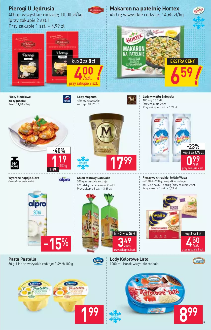 Gazetka promocyjna Stokrotka - Supermarket - ważna 15.07 do 21.07.2021 - strona 9 - produkty: Alpro, Chleb, Chleb tostowy, Chrupki, Dan Cake, Hortex, Lisner, Lody, Makaron, Napoje, Pastella, Piec, Pieczywo, Pieczywo chrupkie, Pierogi, SEKO, Wasa