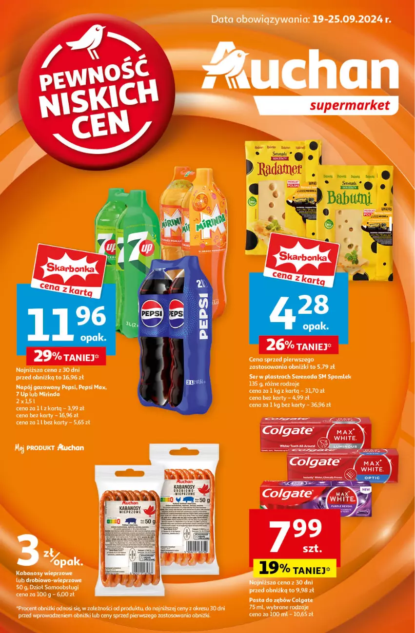 Gazetka promocyjna Auchan - Pewność Niskich Cen Supermarket - ważna 19.09 do 25.09.2024 - strona 1 - produkty: Babuni, Colgate, Kabanos, LG, Mirinda, Napój, Napój gazowany, Pasta do zębów, Pepsi, Pepsi max, Ser