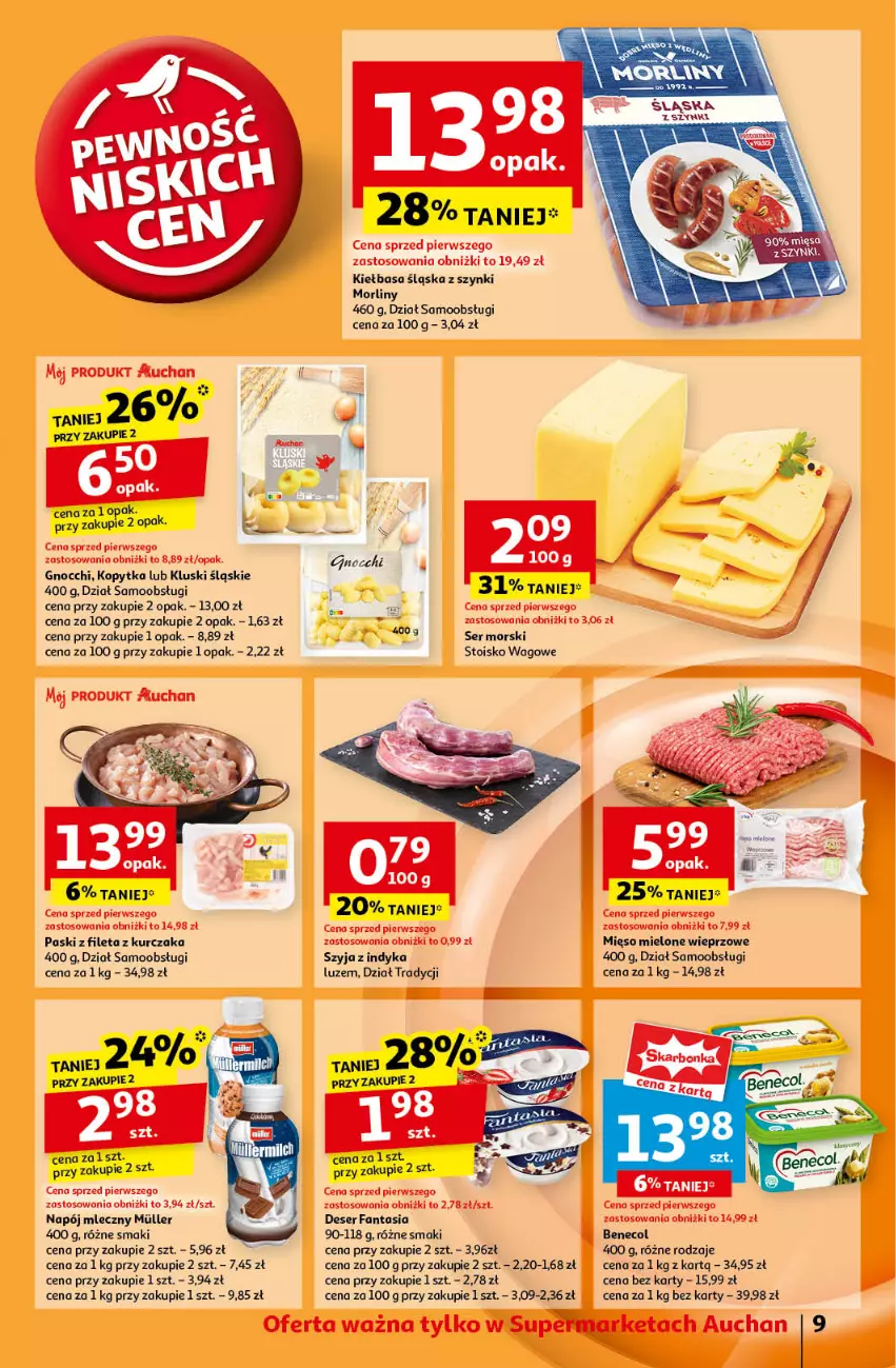 Gazetka promocyjna Auchan - Pewność Niskich Cen Supermarket - ważna 19.09 do 25.09.2024 - strona 11 - produkty: Benecol, Deser, Fa, Fanta, Gnocchi, Kiełbasa, Kiełbasa śląska, Kopytka, Kurczak, Mięso, Mięso mielone, Morliny, Napój, Napój mleczny, Ser