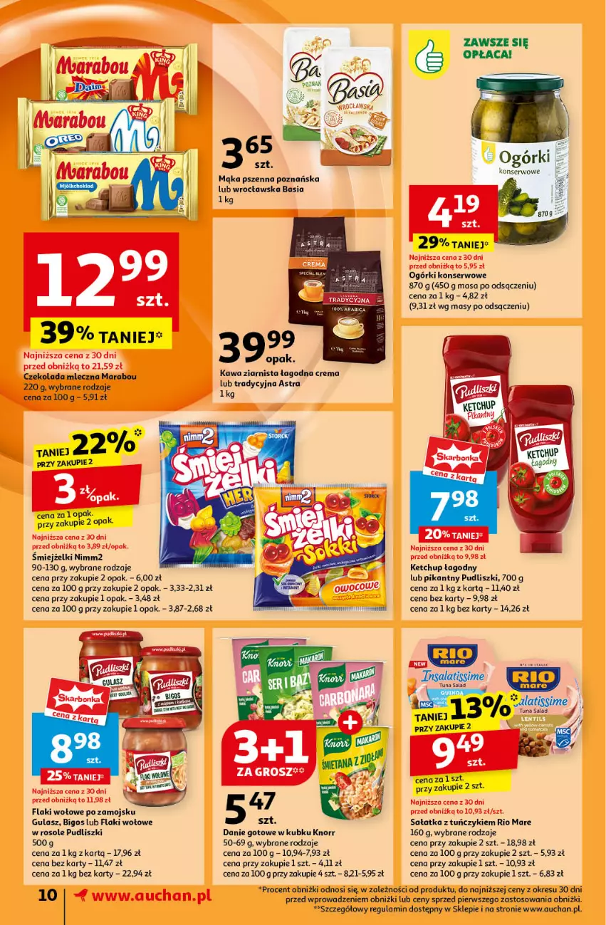 Gazetka promocyjna Auchan - Pewność Niskich Cen Supermarket - ważna 19.09 do 25.09.2024 - strona 12 - produkty: Basia, BIC, Bigos, Czekolada, Czekolada mleczna, Danie gotowe, Flaki, Flaki wołowe, Kawa, Kawa ziarnista, Ketchup, Knorr, Nimm2, Ogórki konserwowe, Pudliszki, Rio Mare, Sałat, Sałatka, Ser, Tuńczyk