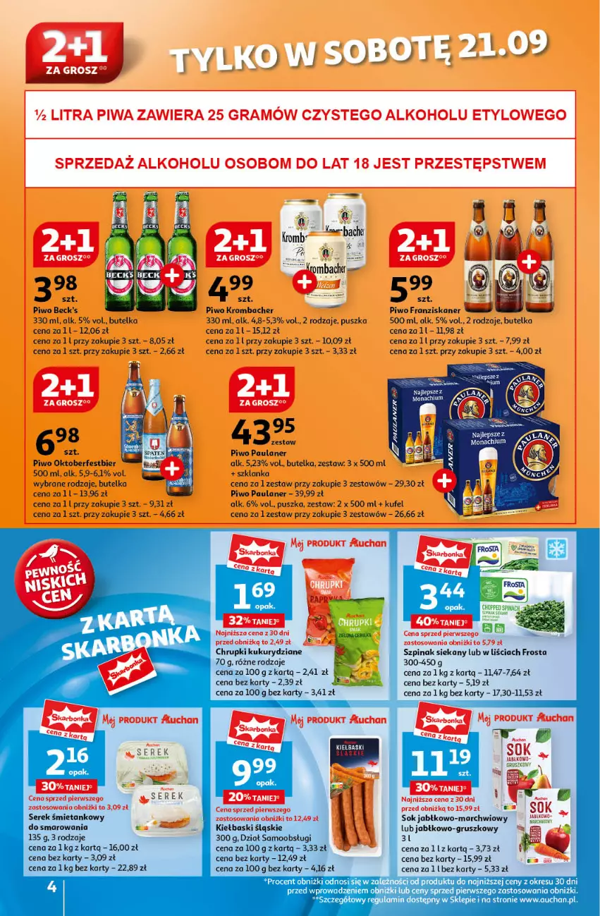 Gazetka promocyjna Auchan - Pewność Niskich Cen Supermarket - ważna 19.09 do 25.09.2024 - strona 4 - produkty: Chrupki, Frosta, Gra, Kiełbaski śląskie, Piwa, Piwo, Ser, Serek, Skaner, Sok, Szklanka, Szpinak