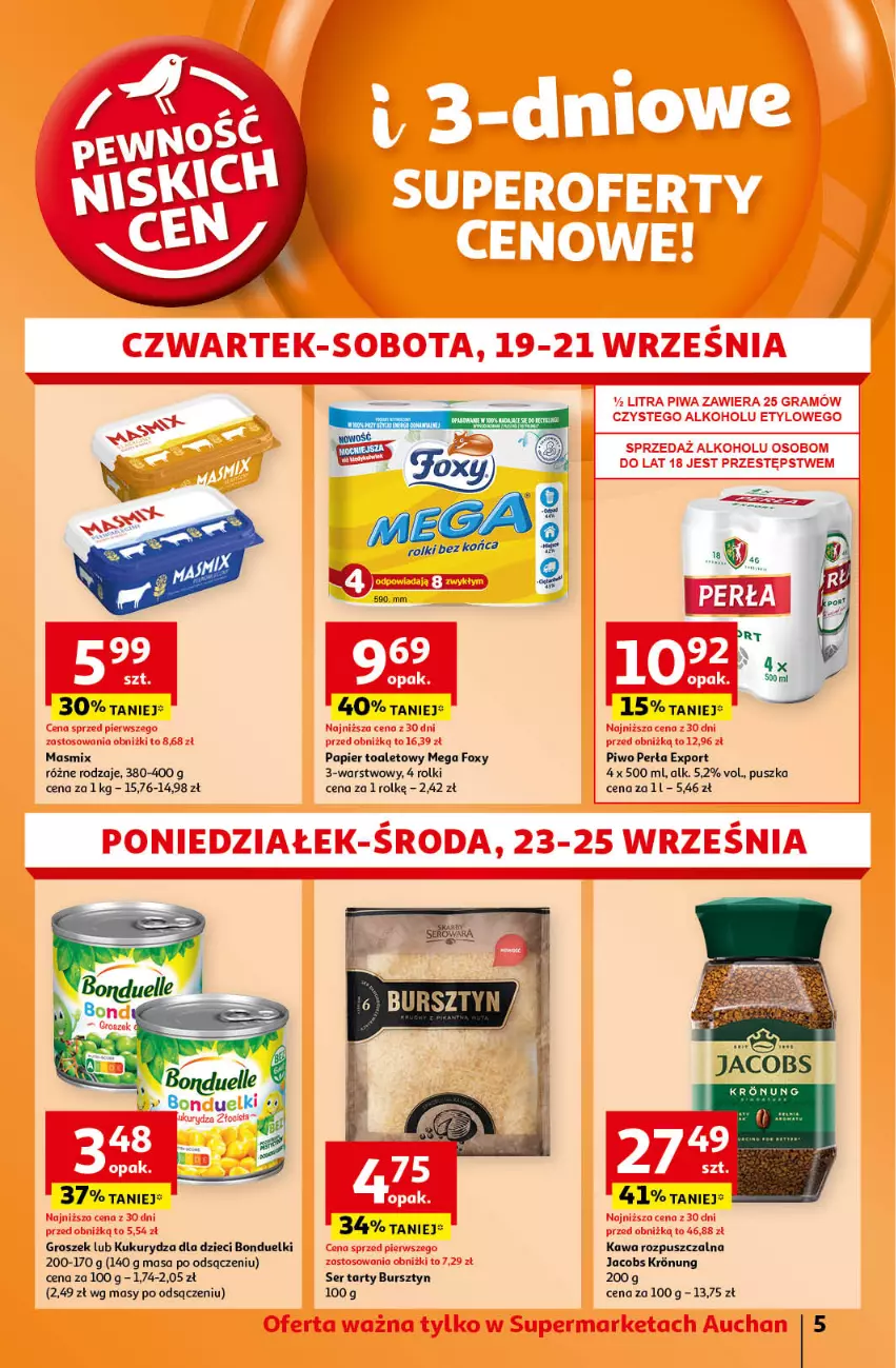 Gazetka promocyjna Auchan - Pewność Niskich Cen Supermarket - ważna 19.09 do 25.09.2024 - strona 5 - produkty: Bursztyn, Dzieci, Foxy, Groszek, Jacobs, Kawa, Kawa rozpuszczalna, Kukurydza, Papier, Papier toaletowy, Perła, Piwo, Por, Rolki, Ser