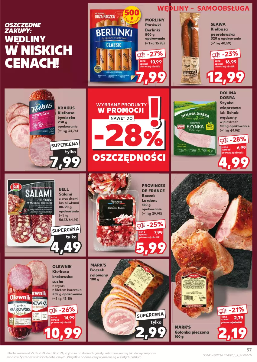 Gazetka promocyjna Kaufland - Gazetka tygodnia - ważna 29.05 do 05.06.2024 - strona 37 - produkty: Bell, Berlinki, Boczek, Golonka pieczona, Kiełbasa, Kiełbasa krakowska, Krakus, Kurczak, Morliny, Olewnik, Parówki, Piec, Salami, Szynka, Szynka wieprzowa