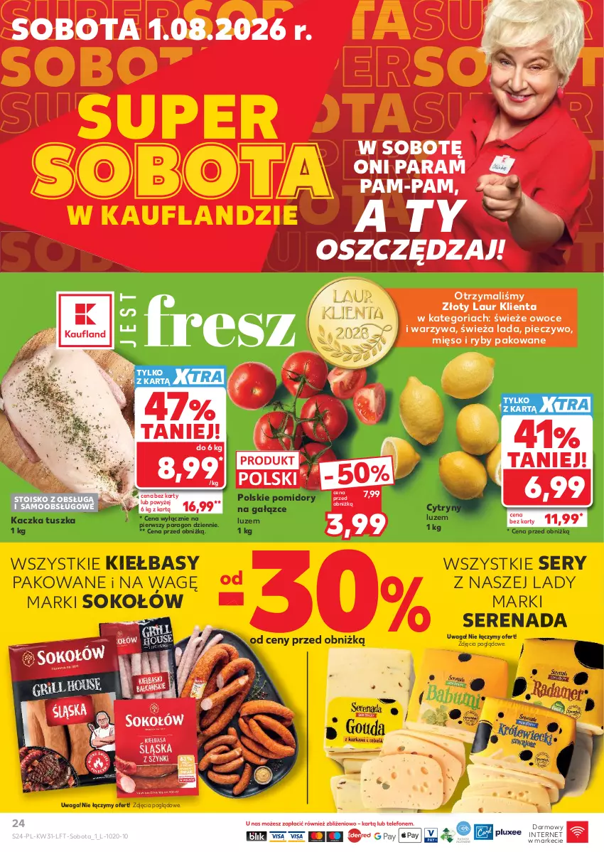 Gazetka promocyjna Kaufland - Gazetka tygodnia - ważna 30.07 do 05.08.2026 - strona 24 - produkty: Cytryny, Kaczka, Laur, Mięso, Owoce, Piec, Pieczywo, Pomidory, Ser, Sok, Sokołów, Tusz, Waga, Warzywa
