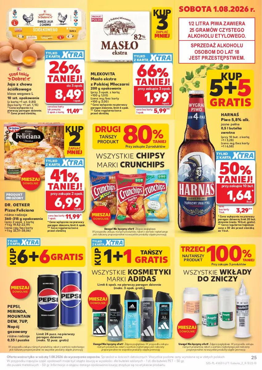 Gazetka promocyjna Kaufland - Gazetka tygodnia - ważna 30.07 do 05.08.2026 - strona 25 - produkty: 7up, Adidas, Chipsy, Crunchips, Dr. Oetker, Feliciana, Gra, Harnaś, Jaja, Masło, Mirinda, Mleko, Mlekovita, Napój, Napój gazowany, Pepsi, Piwa, Piwo, Pizza, Por, Sok, Waga, Znicz