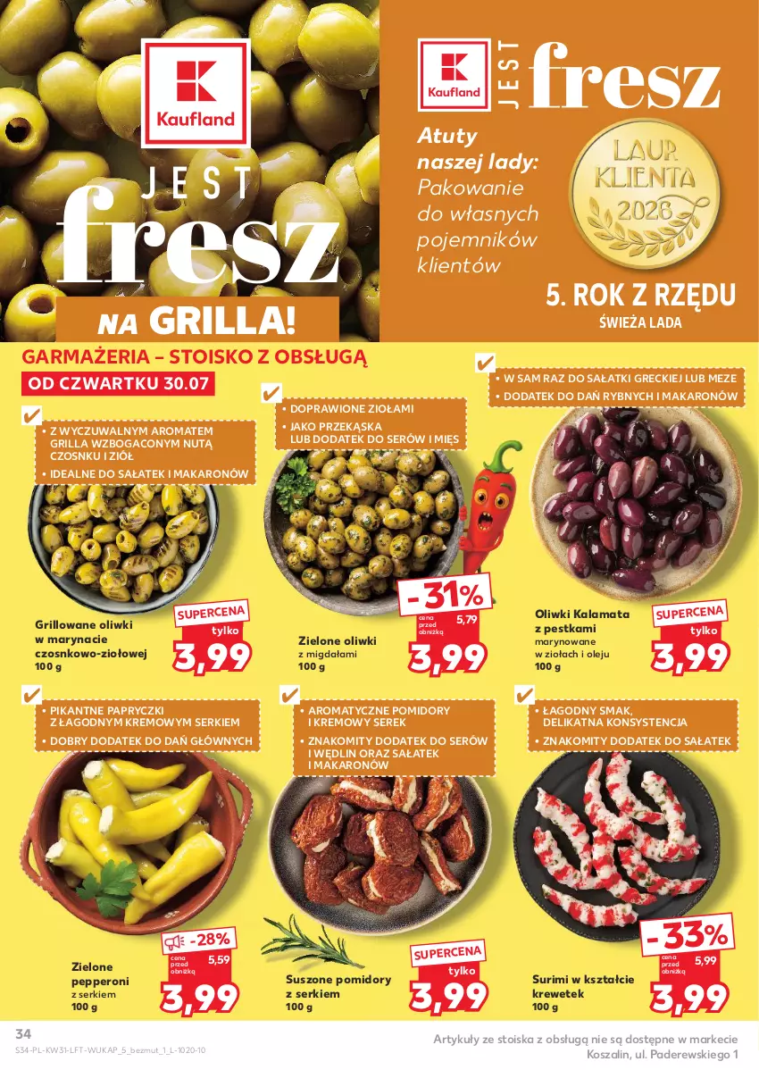 Gazetka promocyjna Kaufland - Gazetka tygodnia - ważna 30.07 do 05.08.2026 - strona 34 - produkty: Grill, Kosz, Makaron, Olej, Oliwki, Pojemnik, Pomidory, Sałat, Ser, Serek, Surimi, Suszone pomidory, Szal