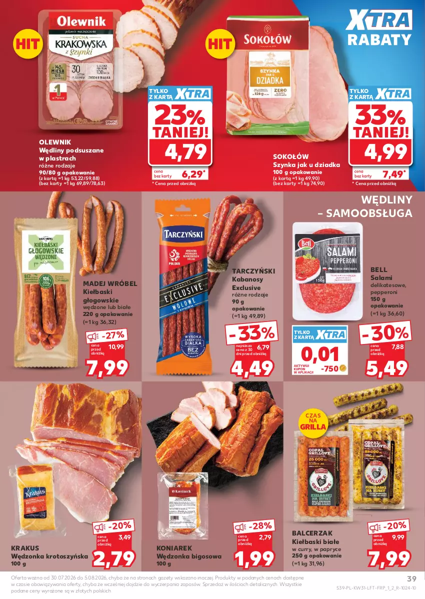 Gazetka promocyjna Kaufland - Gazetka tygodnia - ważna 30.07 do 05.08.2026 - strona 39 - produkty: Bell, Bigos, Grill, Kabanos, Kiełbaski białe, Krakus, Madej Wróbel, Olewnik, Salami, Sok, Sokołów, Szynka, Tarczyński