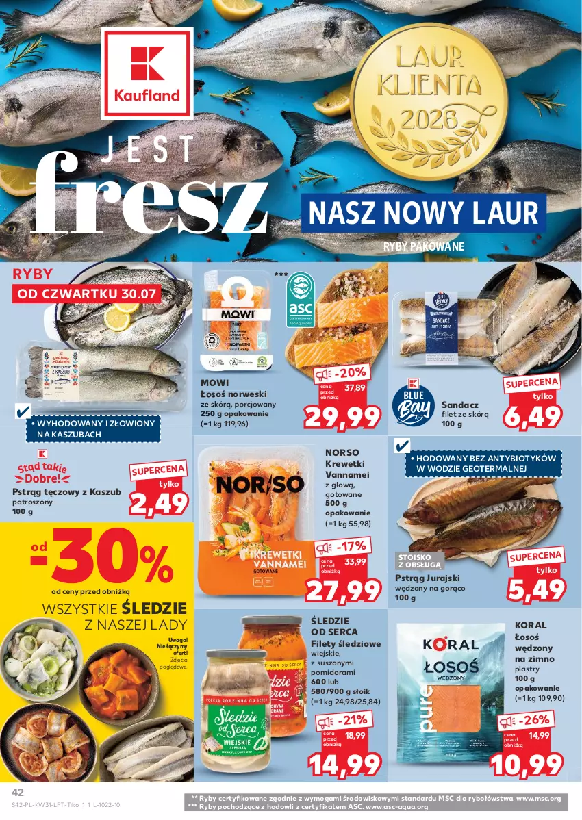 Gazetka promocyjna Kaufland - Gazetka tygodnia - ważna 30.07 do 05.08.2026 - strona 42 - produkty: Krewetki, Laur, Por, Pstrąg, Pstrąg tęczowy, Sandacz, Ser, Waga