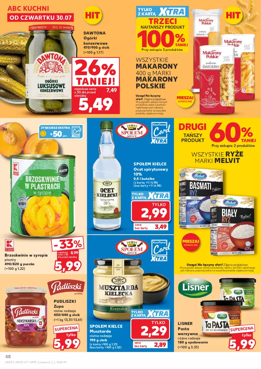 Gazetka promocyjna Kaufland - Gazetka tygodnia - ważna 30.07 do 05.08.2026 - strona 48 - produkty: Brzoskwinie, Dawtona, Lisner, Makaron, Melvit, Mus, Musztarda, Ocet, Ogórki konserwowe, Pasta warzywna, Por, Pudliszki, Ryż, Ser, Syrop, Waga, Zupa