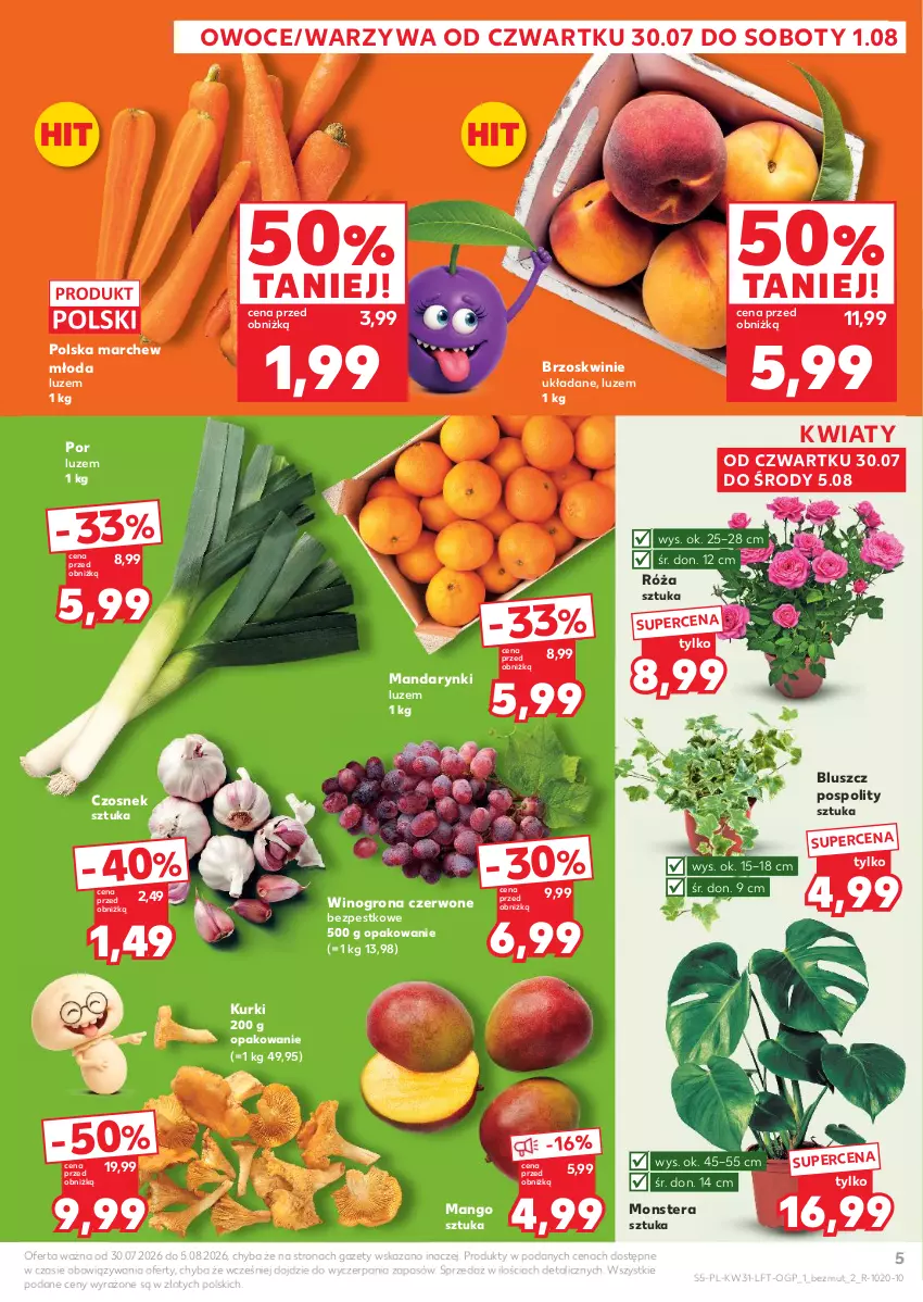 Gazetka promocyjna Kaufland - Gazetka tygodnia - ważna 30.07 do 05.08.2026 - strona 5 - produkty: Brzoskwinie, Czosnek, Mandarynki, Mango, Owoce, Por, Róża, Tera, Warzywa, Wino, Winogrona
