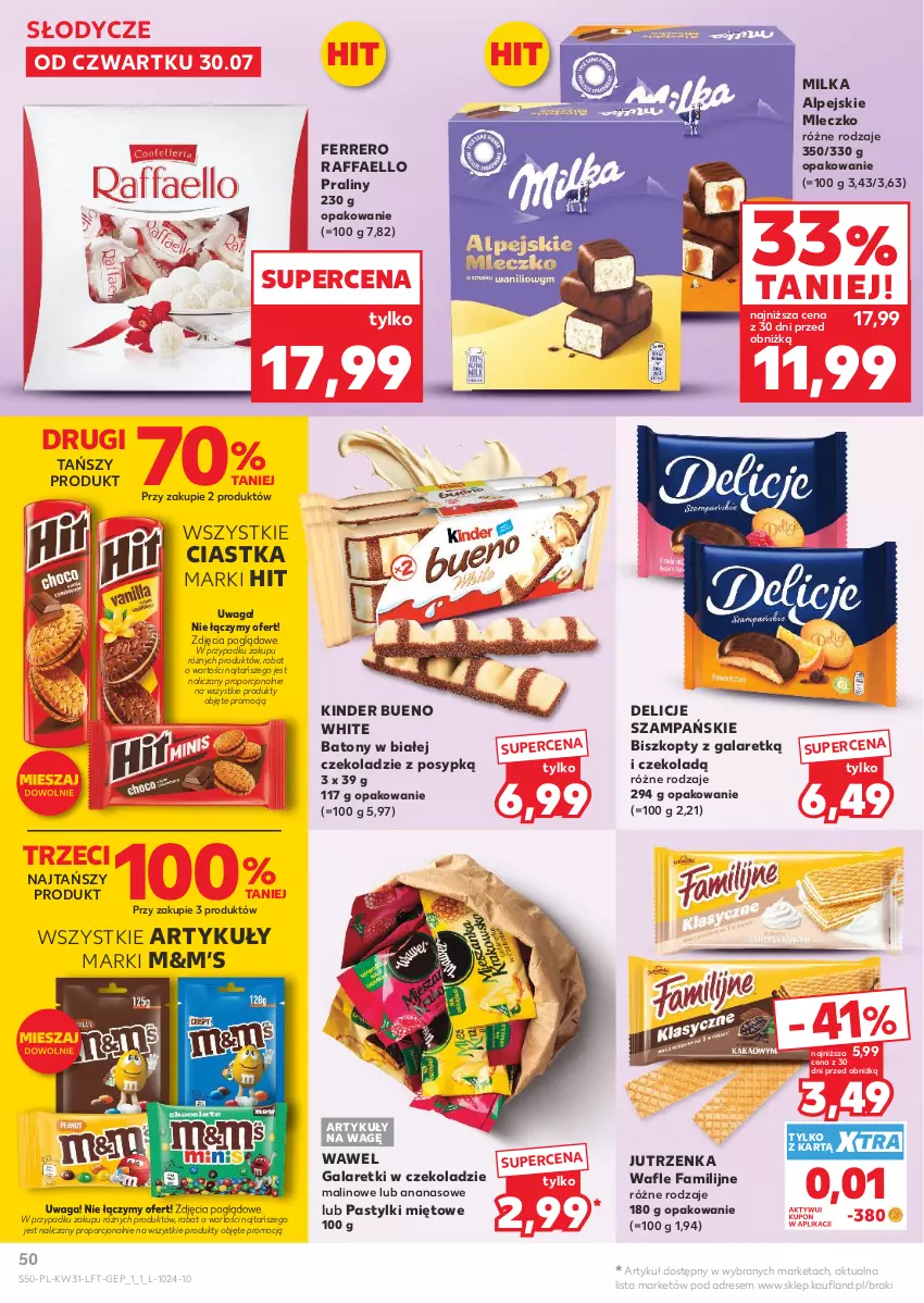 Gazetka promocyjna Kaufland - Gazetka tygodnia - ważna 30.07 do 05.08.2026 - strona 50 - produkty: Ananas, Baton, Biszkopty, Ciastka, Delicje, Dres, Fa, Ferrero, Gala, Galaretki, Jutrzenka, Kinder, Kinder Bueno, Milka, Mleczko, Pastylki, Por, Praliny, Raffaello, Wafle, Waga, Wawel
