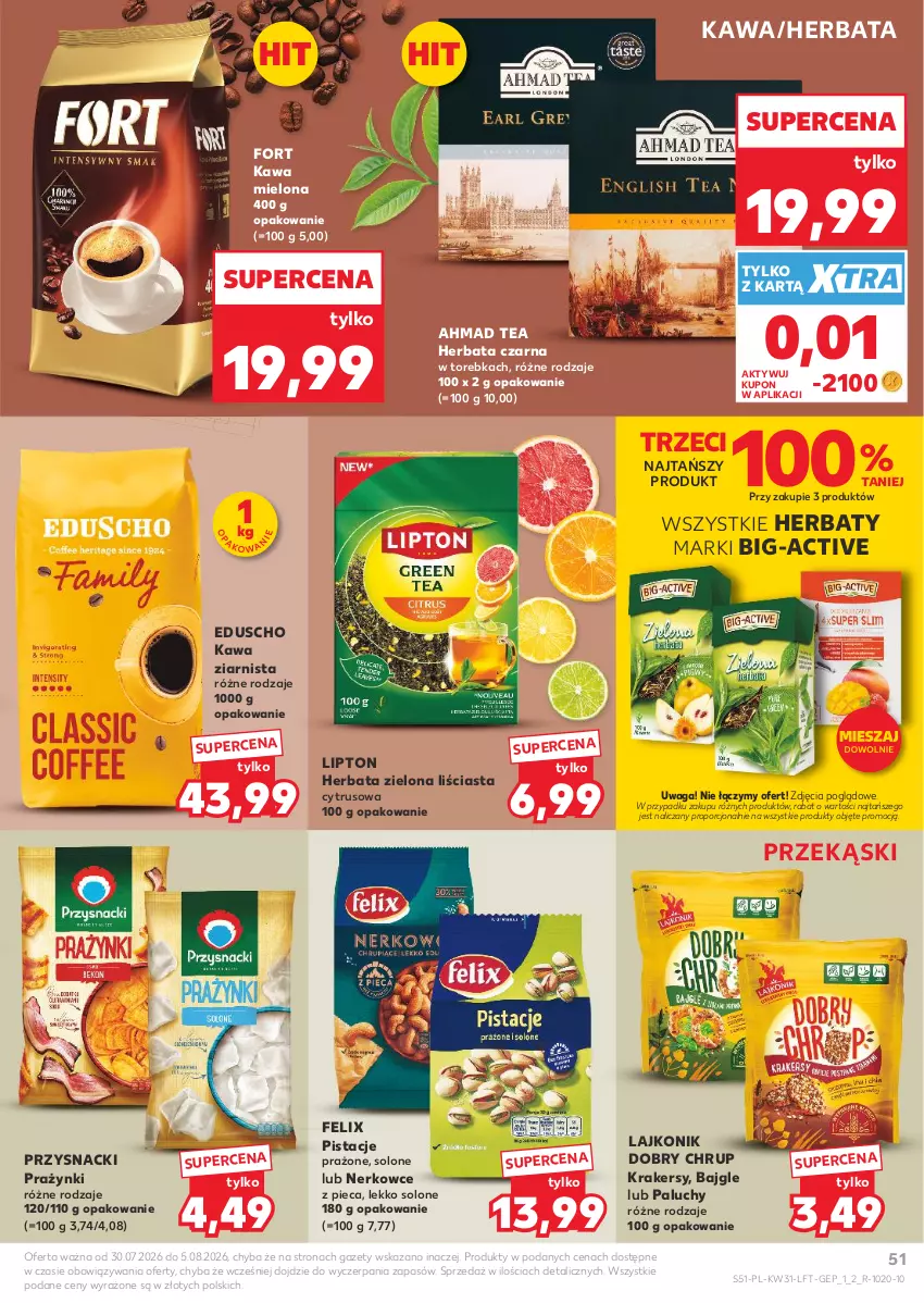 Gazetka promocyjna Kaufland - Gazetka tygodnia - ważna 30.07 do 05.08.2026 - strona 51 - produkty: Bajgle, Felix, Herbata, Herbata czarna, Kawa, Kawa mielona, Kawa ziarnista, Krakersy, Lajkonik, Lipton, Piec, Pistacje, Por, Przysnacki, Torebka, Waga