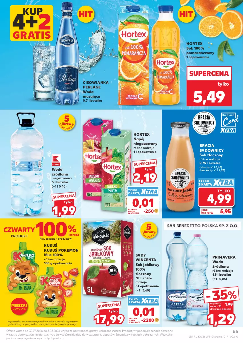 Gazetka promocyjna Kaufland - Gazetka tygodnia - ważna 30.07 do 05.08.2026 - strona 55 - produkty: Cisowianka, Gra, Hortex, Kubuś, LANA, Mus, Napój, Napój niegazowany, Por, Prima, Primavera, Sok, Sok jabłkowy, Tran, Woda