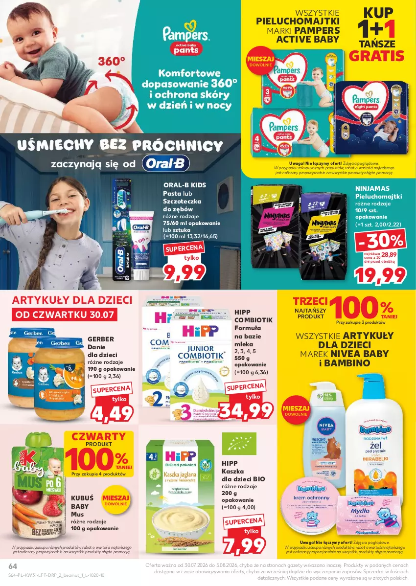 Gazetka promocyjna Kaufland - Gazetka tygodnia - ważna 30.07 do 05.08.2026 - strona 64 - produkty: Danie dla dzieci, Dzieci, Gerber, Gra, HiPP, Kubuś, Majtki, Mus, Nivea, Nivea Baby, Pampers, Pieluchomajtki, Por, Szczoteczka, Szczoteczka do zębów, Waga