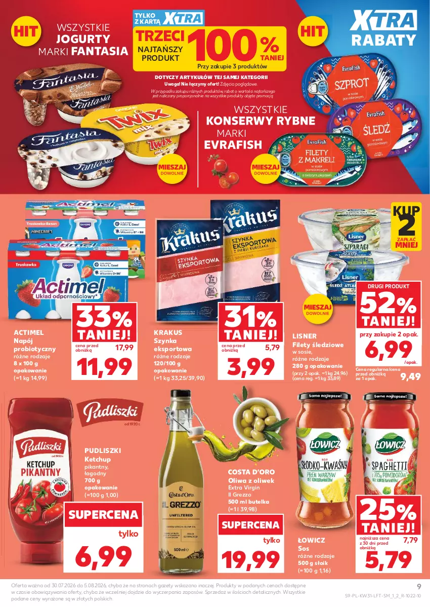 Gazetka promocyjna Kaufland - Gazetka tygodnia - ważna 30.07 do 05.08.2026 - strona 9 - produkty: Actimel, Fa, Fanta, Gin, Jogurt, Ketchup, Krakus, Lisner, Napój, Oliwa, Oliwa z oliwek, Por, Pudliszki, Ser, Sos, Sport, Szynka, Waga
