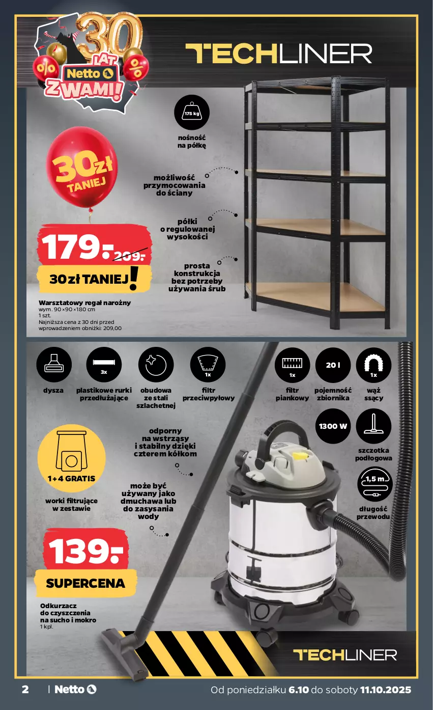 Gazetka promocyjna Netto - Od Poniedziałku Przemysłowa - ważna 06.10 do 11.10.2025 - strona 2 - produkty: Gra, Odkurzacz, Por, Regał, Rurki, Sok, Szczotka