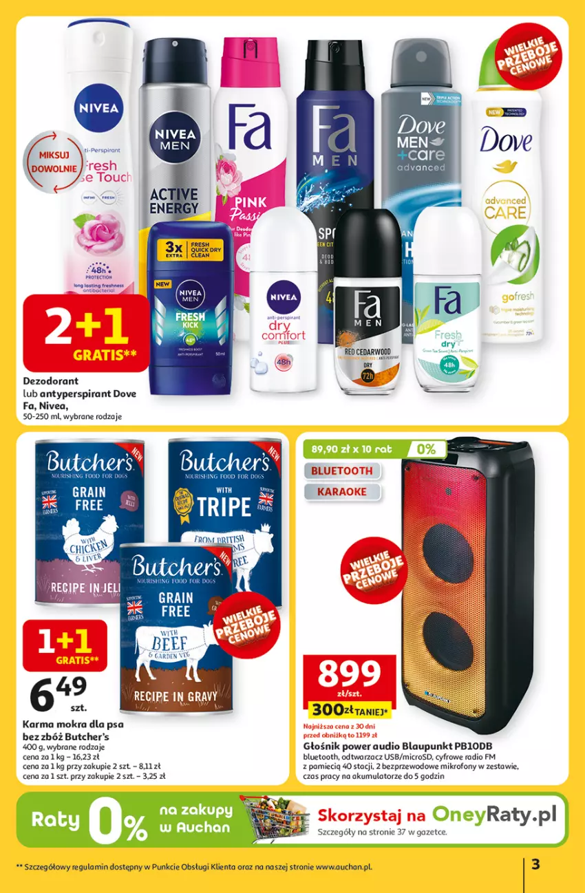 Gazetka promocyjna Auchan - ROZKRĘCAMY LATO Hipermarket - ważna 26.06 do 02.07.2025 - strona 3 - produkty: Akumulator, Antyperspirant, Brit, Butcher's, Dezodorant, Dove, Fa, Głośnik, Mikrofon, Nivea, Power audio, Tran