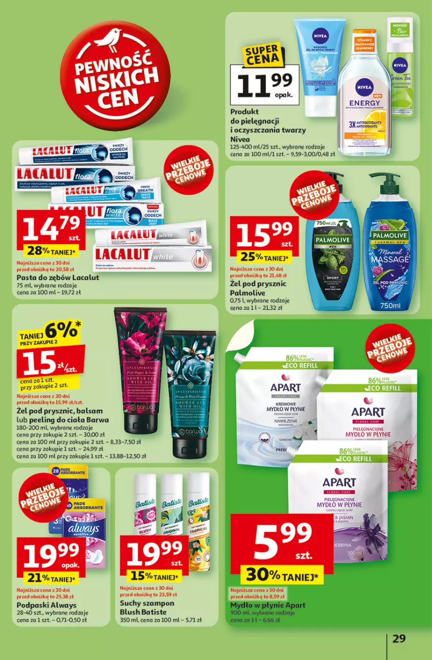 Gazetka promocyjna Auchan - ROZKRĘCAMY LATO Hipermarket - ważna 26.06 do 02.07.2025 - strona 31 - produkty: Always, Batiste, Gra, Lacalut, Mydło, Mydło w płynie, Nivea, Palmolive, Peeling, Podpaski, Suchy szampon, Szampon, Taca