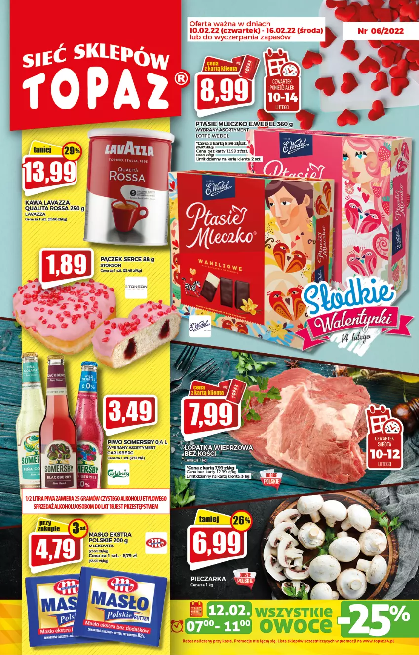 Gazetka promocyjna Topaz - Gazetka - ważna 10.02 do 16.02.2022 - strona 1 - produkty: Kawa, Lavazza, Masło, Mleczko, Mleko, Mlekovita, Olej, Pączek, Ptasie mleczko, Ser