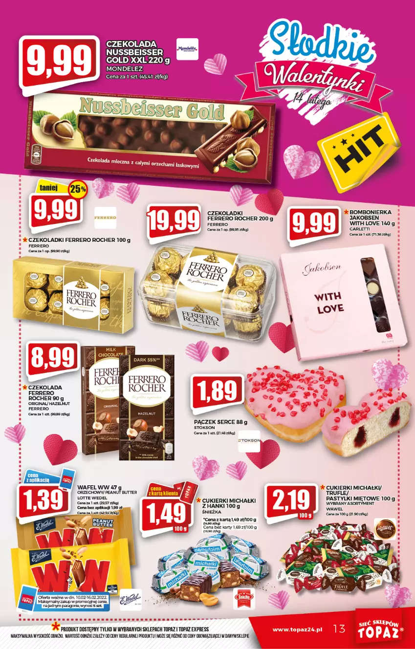 Gazetka promocyjna Topaz - Gazetka - ważna 10.02 do 16.02.2022 - strona 13 - produkty: Cukier, Cukierki, Czekolada, Ferrero, Ferrero Rocher, Michałki, Pączek, Pastylki, Ser, Sok, Top