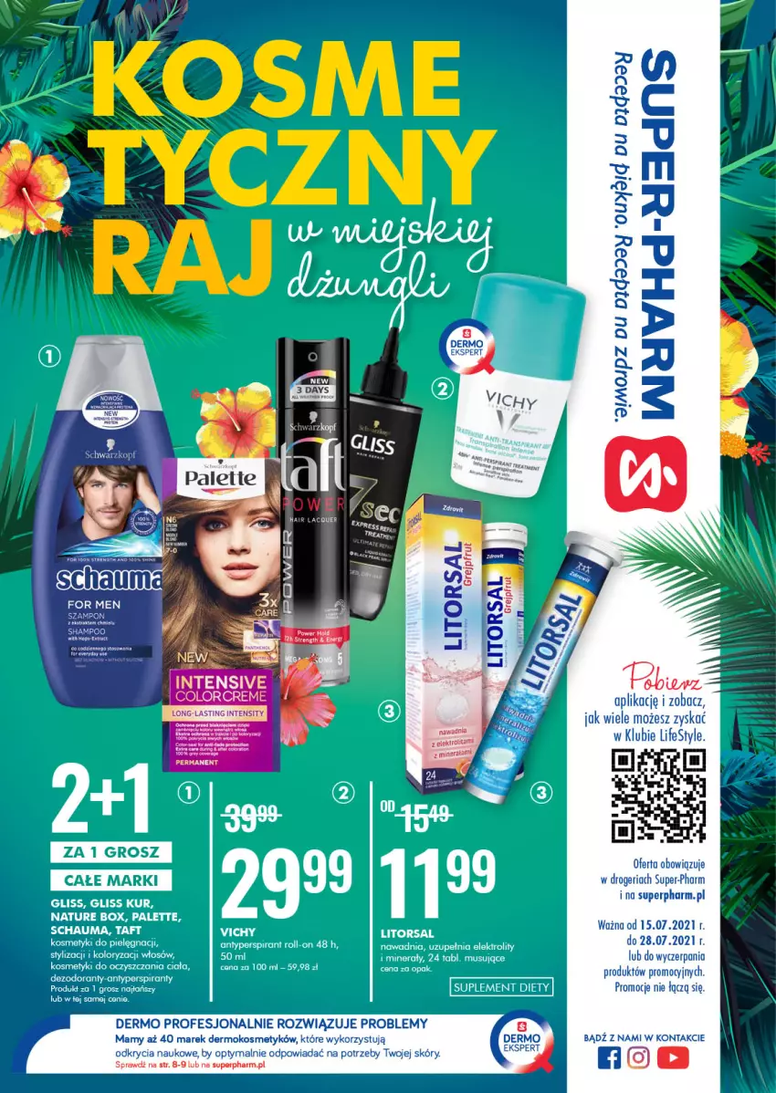 Gazetka promocyjna Super Pharm - Gazetka - ważna 15.07 do 28.07.2021 - strona 1 - produkty: Antyperspirant, Dezodorant, Gliss Kur, Kosmetyki do pielęgnacji, Mus, Nature Box, Palette, Schauma, Suplement diety, Szampon, Taft