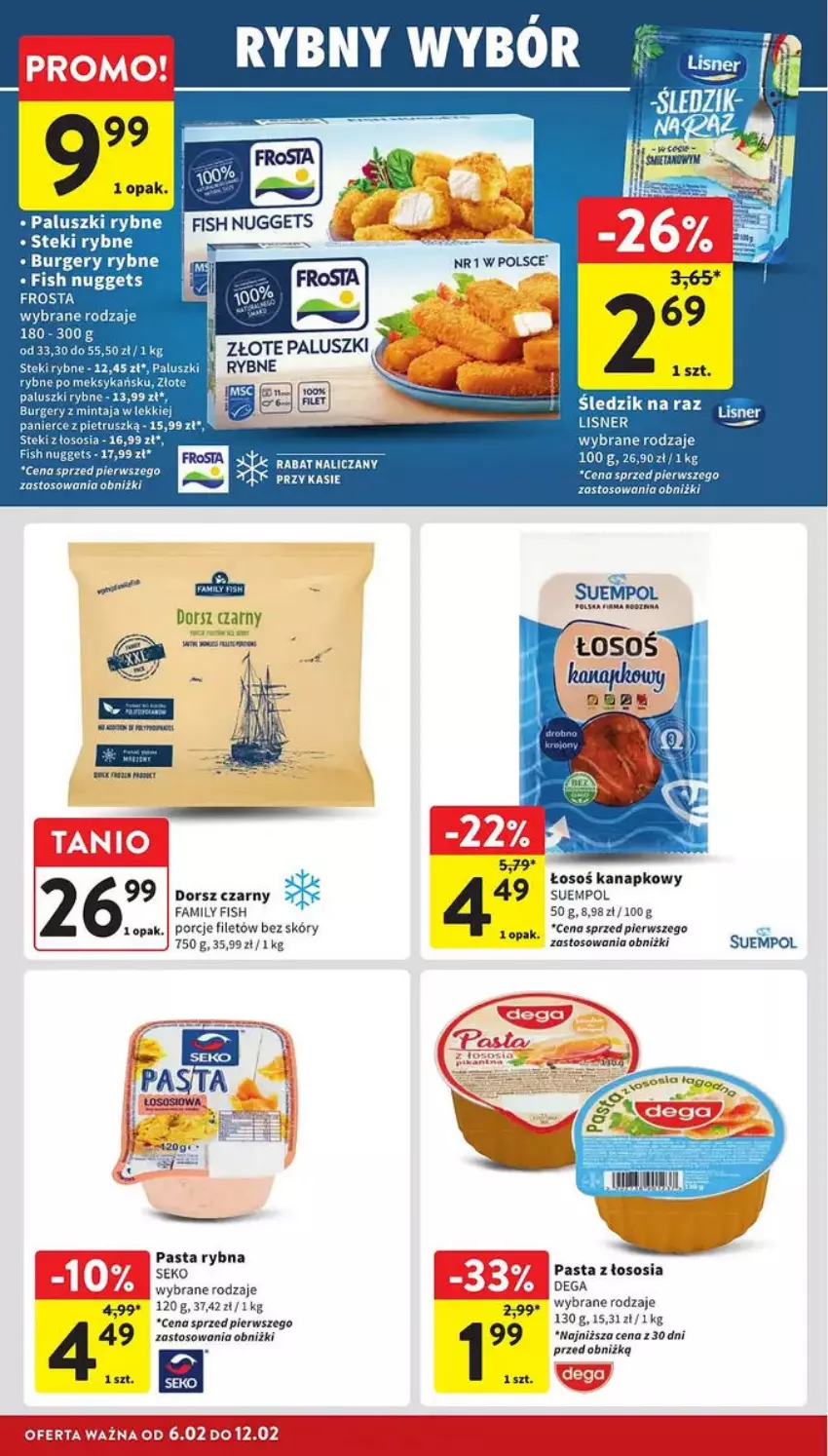 Gazetka promocyjna Intermarche - ważna 06.02 do 12.02.2025 - strona 10 - produkty: Burger, Dorsz, Fa, Frosta, Gra, Mintaj, Paluszki rybne, Por, Sos, Stek, Suempol