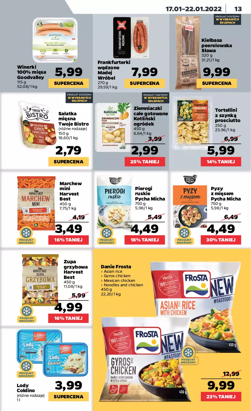 Gazetka promocyjna Netto - Gazetka spożywcza - ważna 17.01 do 22.01.2022 - strona 13 - produkty: Frankfurterki, Frosta, Gyros, Kiełbasa, Lody, Madej Wróbel, Ogród, Pierogi, Prosciutto, Sałat, Sałatka, Zupa