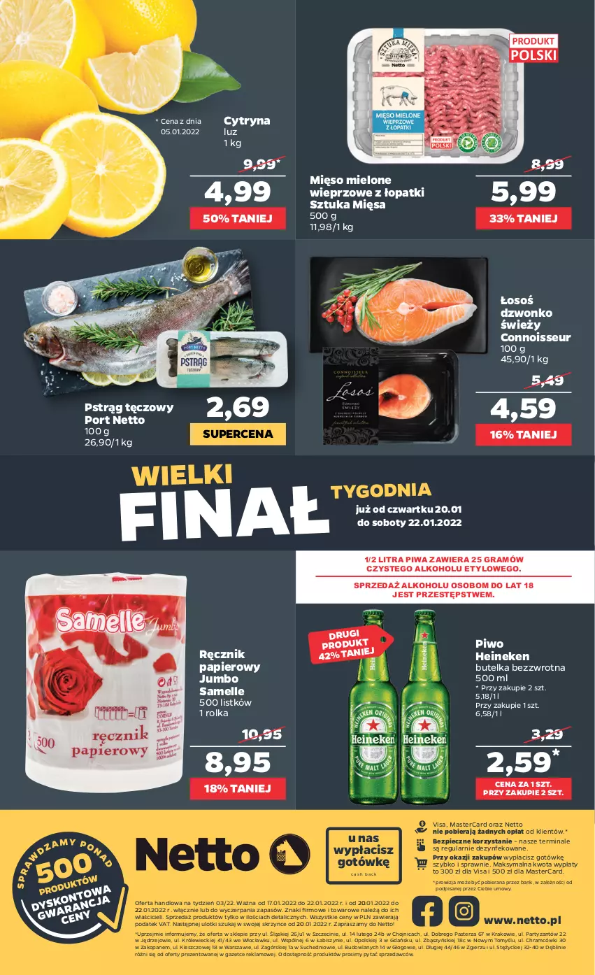 Gazetka promocyjna Netto - Gazetka spożywcza - ważna 17.01 do 22.01.2022 - strona 20 - produkty: Gra, Heineken, Mięso, Mięso mielone, Papier, Piec, Piwa, Piwo, Por, Pstrąg, Pstrąg tęczowy, Ręcznik