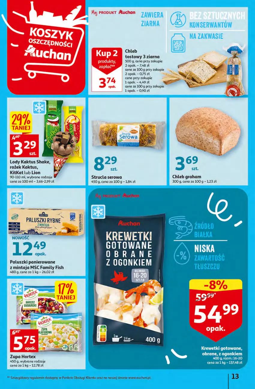 Gazetka promocyjna Auchan - Gazetka Sezon na urlop Hipermarket Auchan - ważna 22.06 do 28.06.2023 - strona 13 - produkty: Chleb, Chleb tostowy, Fa, Gra, Hortex, Kaktus, Lion, Lody, Mintaj, Ser, Strucla, Zupa