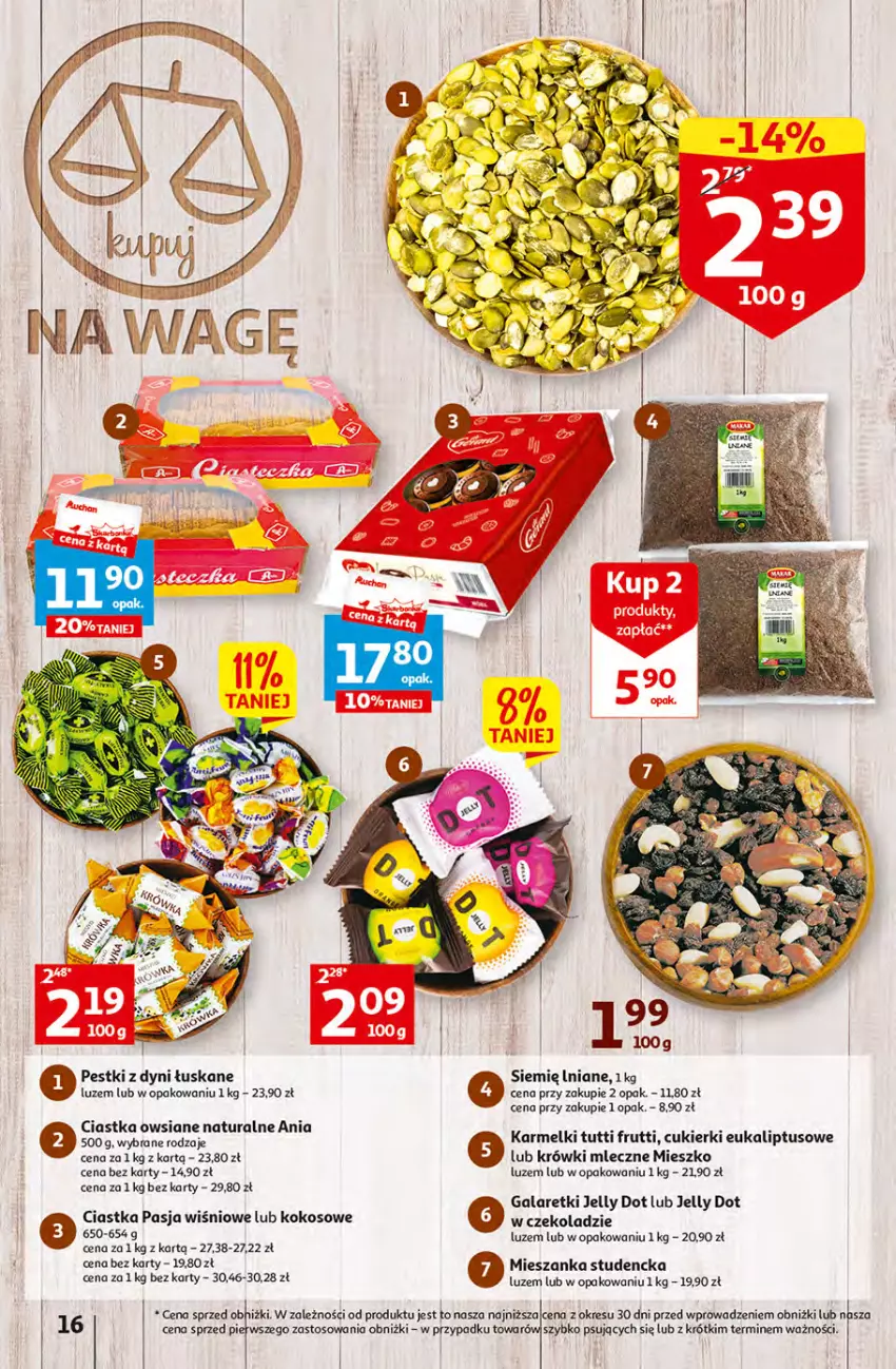 Gazetka promocyjna Auchan - Gazetka Sezon na urlop Hipermarket Auchan - ważna 22.06 do 28.06.2023 - strona 16 - produkty: Ciastka, Ciastka owsiane, Cukier, Cukierki, Gala, Galaretki, Kokos, Krówki mleczne, Mieszanka studencka, O nas