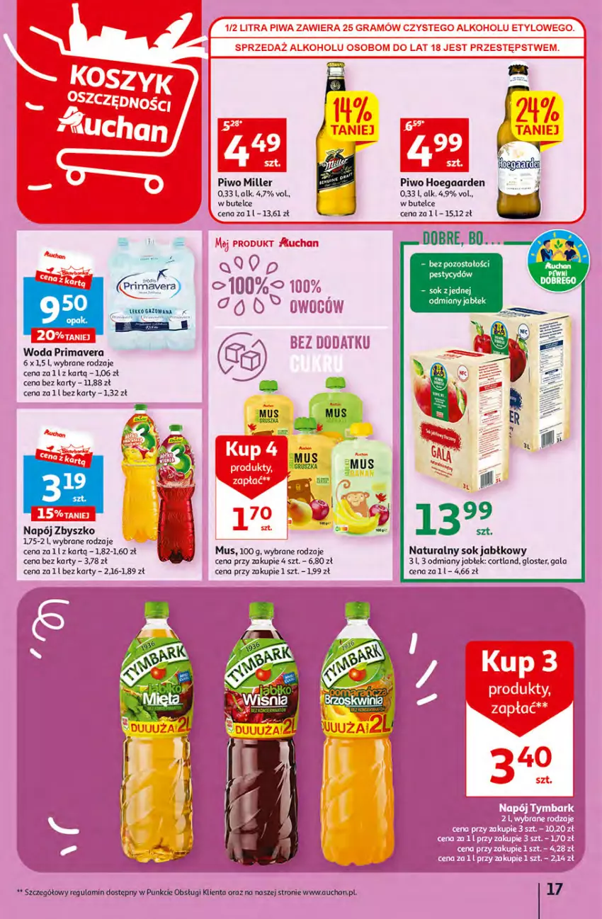 Gazetka promocyjna Auchan - Gazetka Sezon na urlop Hipermarket Auchan - ważna 22.06 do 28.06.2023 - strona 17 - produkty: Gala, Mus, Napój, Piwo, Prima, Primavera, Sok, Sok jabłkowy, Woda