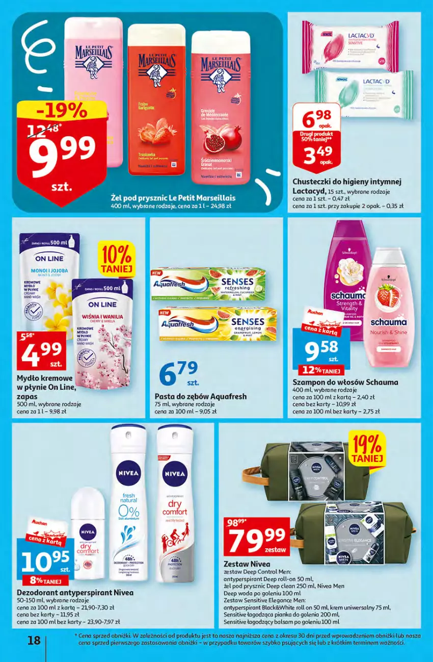 Gazetka promocyjna Auchan - Gazetka Sezon na urlop Hipermarket Auchan - ważna 22.06 do 28.06.2023 - strona 18 - produkty: Antyperspirant, Aquafresh, Balsam po goleniu, Chusteczki, Chusteczki do higieny, Control, Dezodorant, Krem uniwersalny, Lack, Lactacyd, Mydło, Nivea, Nivea Men, O nas, Pasta do zębów, Pianka do golenia, Schauma, Szampon, Woda, Woda po goleniu