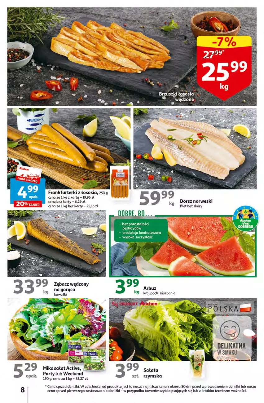 Gazetka promocyjna Auchan - Gazetka Sezon na urlop Hipermarket Auchan - ważna 22.06 do 28.06.2023 - strona 8 - produkty: Arbuz, Dorsz, Fa, Frankfurterki, Kawa, O nas, Sałat, Sok, Sos