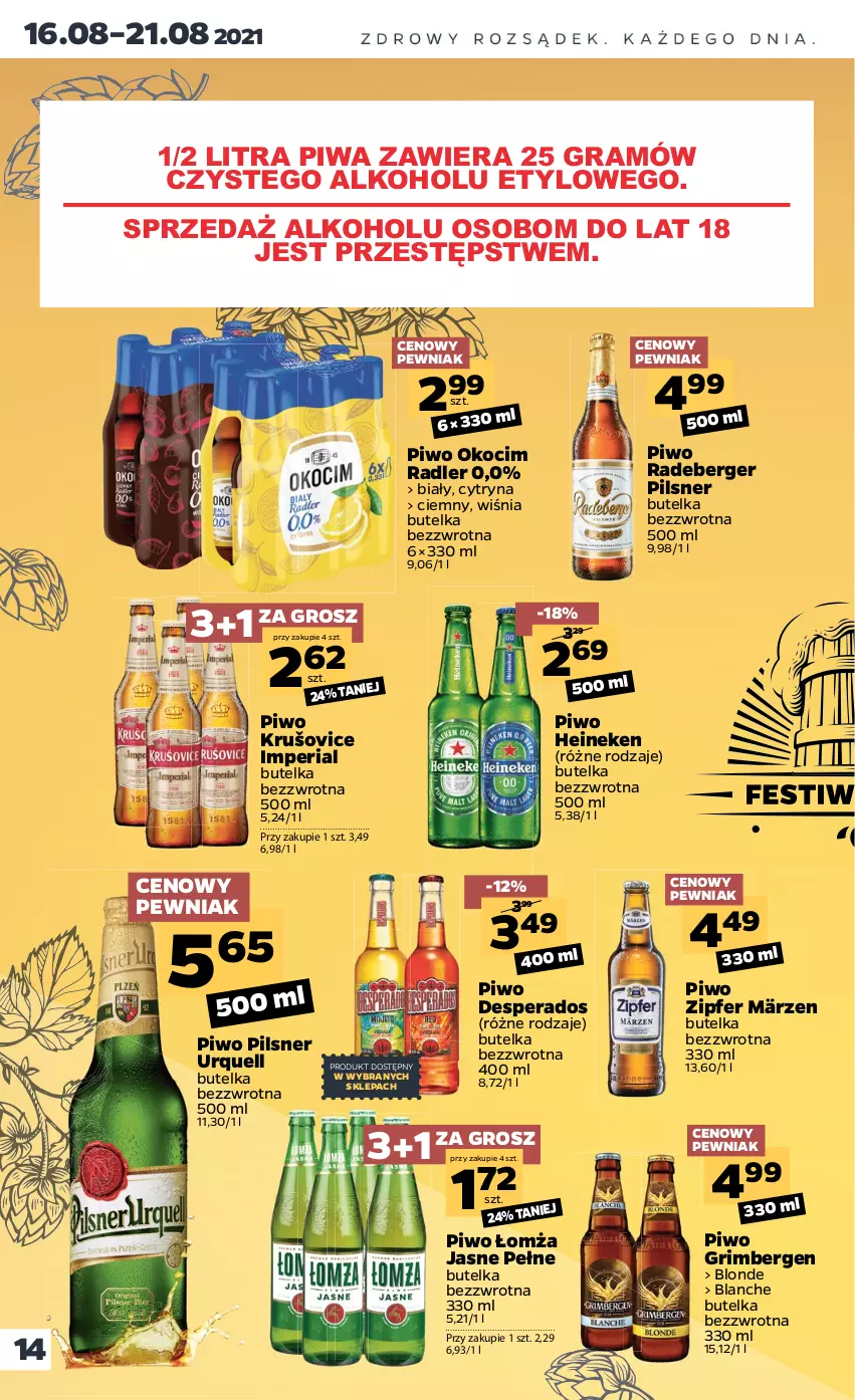 Gazetka promocyjna Netto - ważna 16.08 do 21.08.2021 - strona 14 - produkty: Desperados, Gra, Heineken, Koc, Okocim, Pilsner Urquell, Piwa, Piwo, Radler