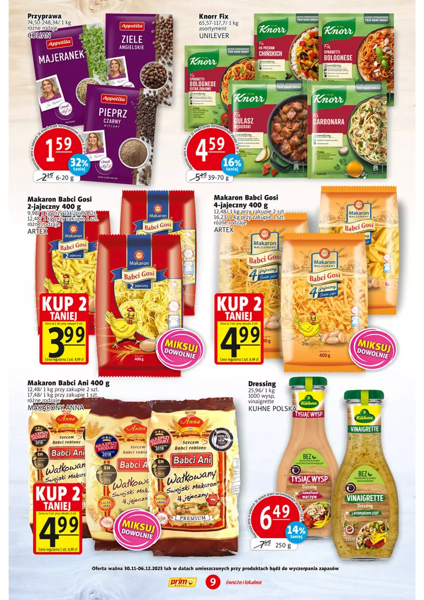 Gazetka promocyjna Prim Market - ważna 23.11 do 29.11.2023 - strona 9 - produkty: Dres, Knorr, Makaron, Ser