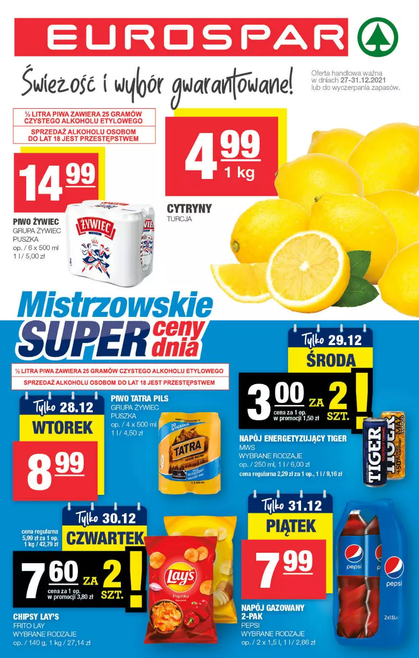 Gazetka promocyjna Spar - EuroSpar - ważna 26.12.2021 do 05.01.2022 - strona 1 - produkty: Chipsy, Cytryny, LG, Pepsi, Piwo, Tiger