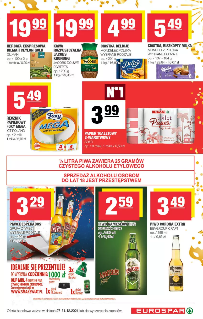 Gazetka promocyjna Spar - EuroSpar - ważna 26.12.2021 do 05.01.2022 - strona 7 - produkty: Biszkopty, Ciastka, Corona Extra, Delicje, Desperados, Dilmah, Foxy, Herbata, Jacobs, Kawa, Milka, Namysłów, Piwo, Rolki, Torebka