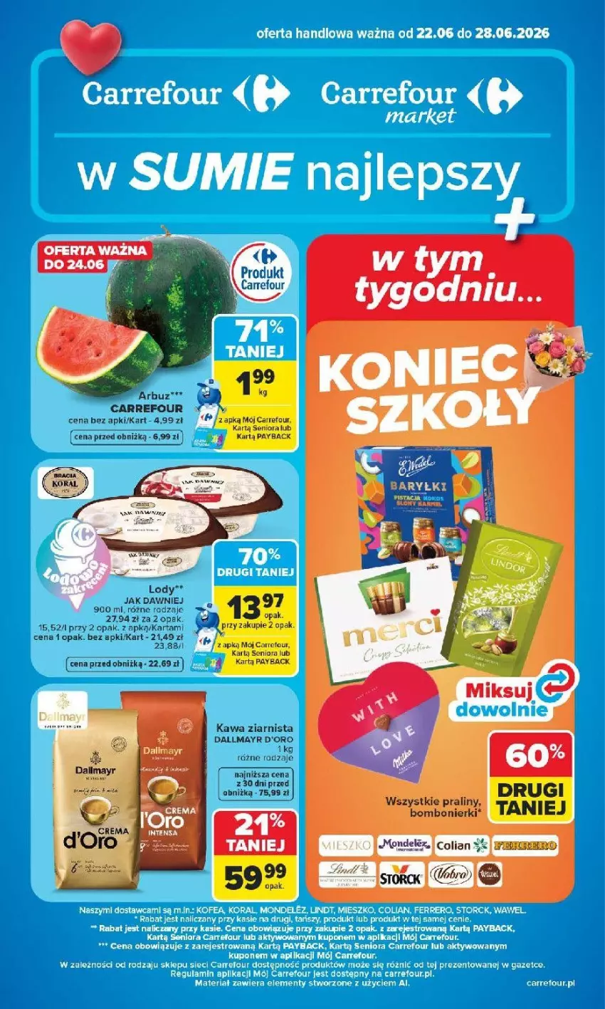 Gazetka promocyjna Carrefour - Gazetka Carrefour, Market z SUMIE najlepszy, od poniedziałku - ważna 22.06 do 28.06.2026 - strona 1 - produkty: Arbuz, Dallmayr, Kawa, Kawa ziarnista, Taca