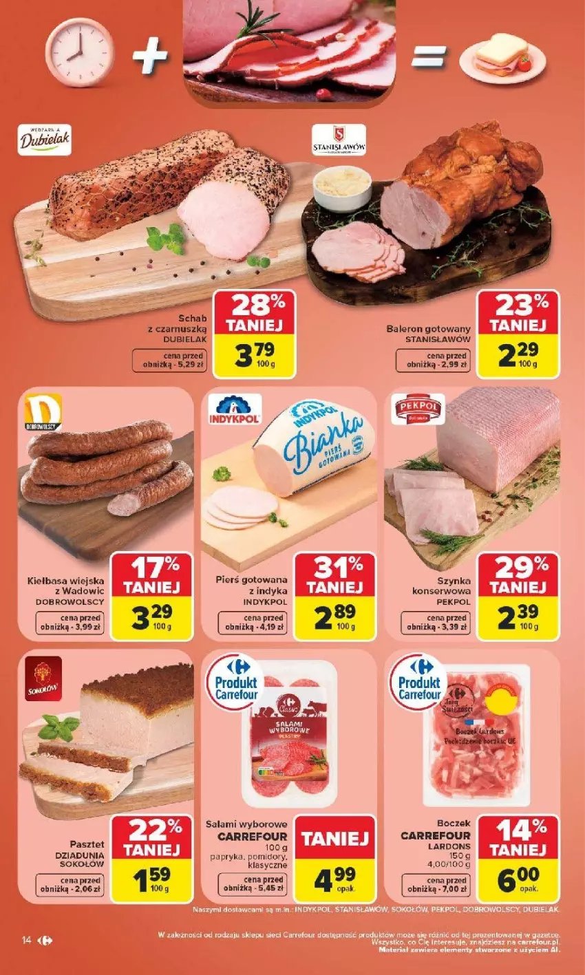 Gazetka promocyjna Carrefour - Gazetka Carrefour, Market z SUMIE najlepszy, od poniedziałku - ważna 22.06 do 28.06.2026 - strona 16 - produkty: Boczek, Kiełbasa, Kiełbasa wiejska, Mus, Papryka, Pekpol, Pomidory, Salami, Ser, Sok, Sokołów, Szynka, Szynka konserwowa