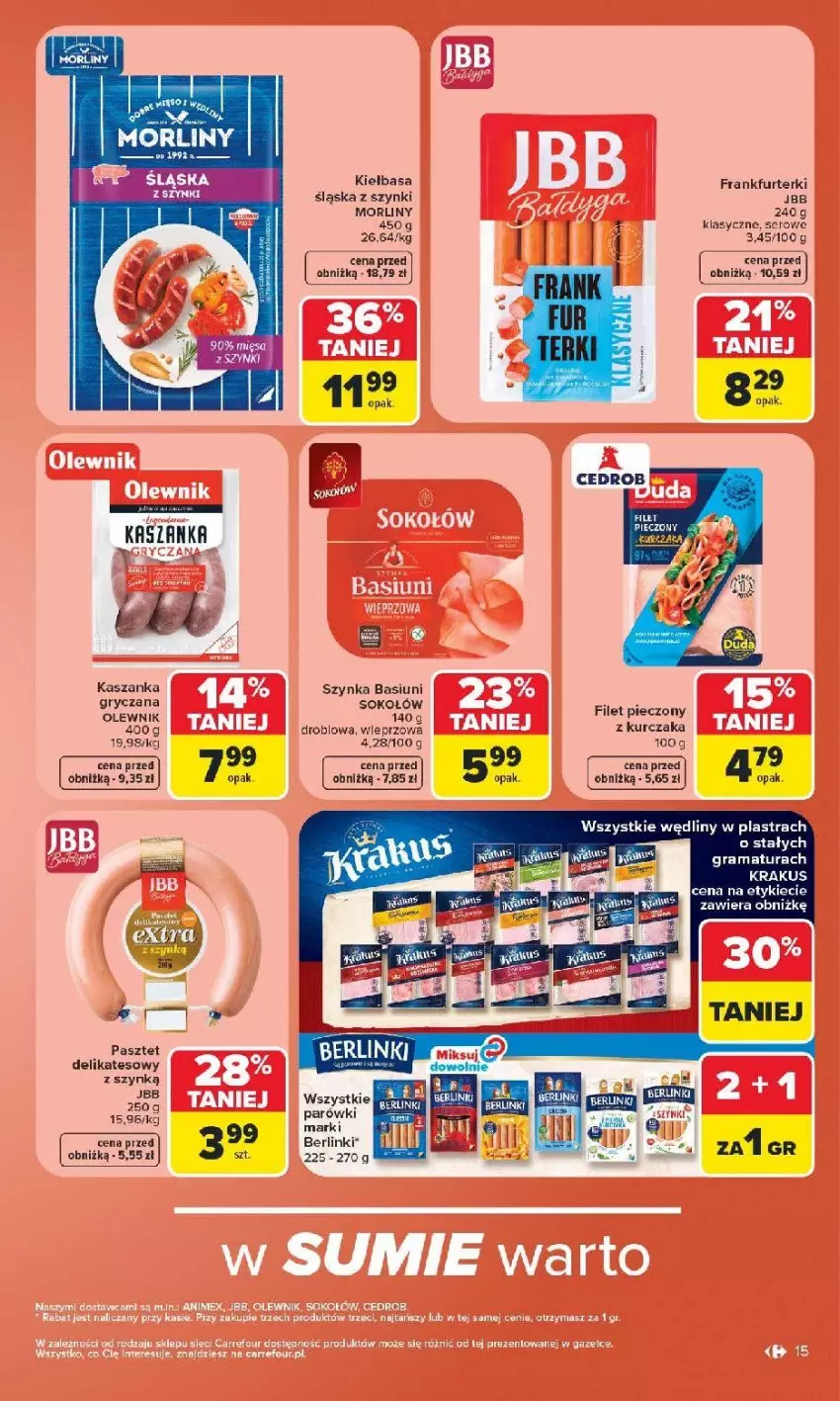 Gazetka promocyjna Carrefour - Gazetka Carrefour, Market z SUMIE najlepszy, od poniedziałku - ważna 22.06 do 28.06.2026 - strona 17 - produkty: Fa, Frankfurterki, Gry, Kasza, Kaszanka, Kiełbasa, Kurczak, Morliny, Olewnik, Pasztet, Piec, Sok, Sokołów, Szynka