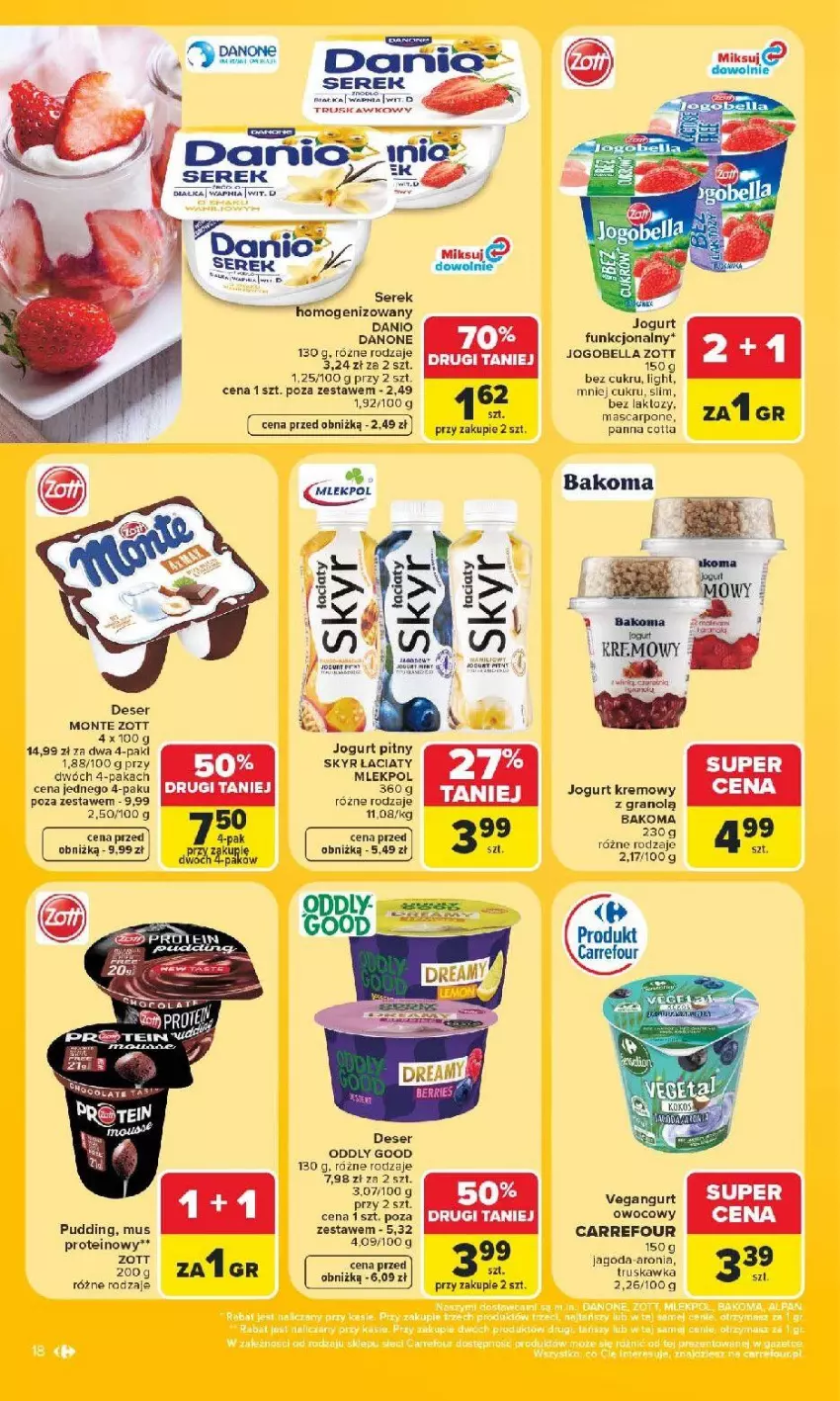 Gazetka promocyjna Carrefour - Gazetka Carrefour, Market z SUMIE najlepszy, od poniedziałku - ważna 22.06 do 28.06.2026 - strona 22 - produkty: Aronia, Bakoma, Bell, Bella, Danio, Danone, Deser, Gra, Jogobella, Jogurt, Jogurt pitny, Mascarpone, Monte, Mus, Panna cotta, Pudding, Ser, Serek, Serek homogenizowany, Zott