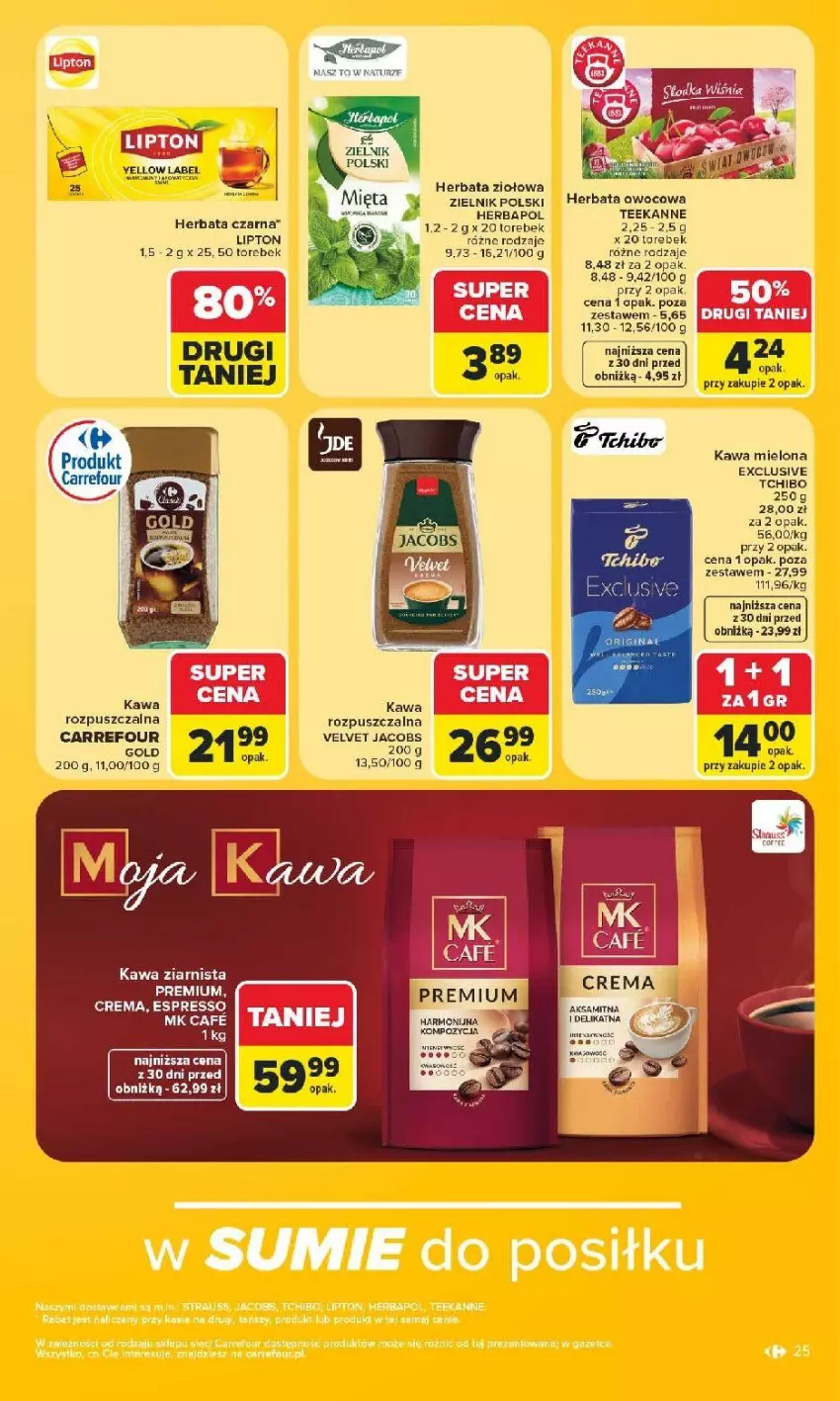 Gazetka promocyjna Carrefour - Gazetka Carrefour, Market z SUMIE najlepszy, od poniedziałku - ważna 22.06 do 28.06.2026 - strona 29 - produkty: Aksam, Fa, Herbapol, Herbata, Herbata czarna, Herbata owocowa, Jacobs, Kawa, Kawa mielona, Kawa rozpuszczalna, Kawa ziarnista, Lipton, Tchibo, Teekanne, Velvet